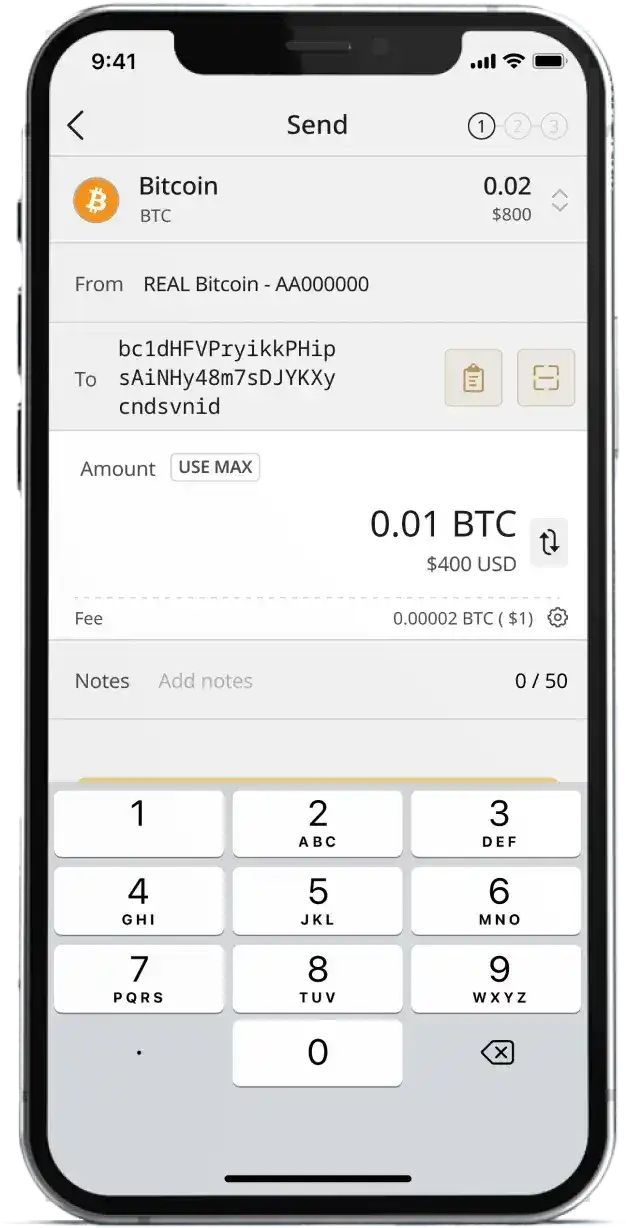 Ballet Crypto App send cryptocurrency screen
