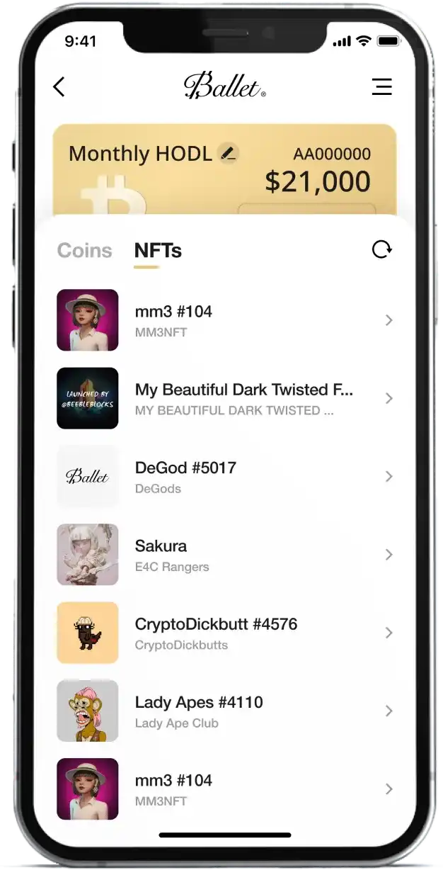 Ballet Crypto App NFT management screen